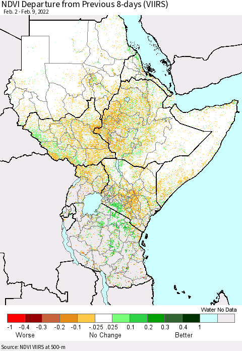 Eastern Africa NDVI Departure from Previous 8-days (VIIRS) Thematic Map For 2/2/2022 - 2/9/2022
