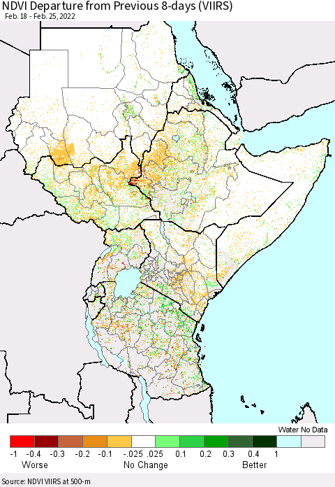 Eastern Africa NDVI Departure from Previous 8-days (VIIRS) Thematic Map For 2/18/2022 - 2/25/2022