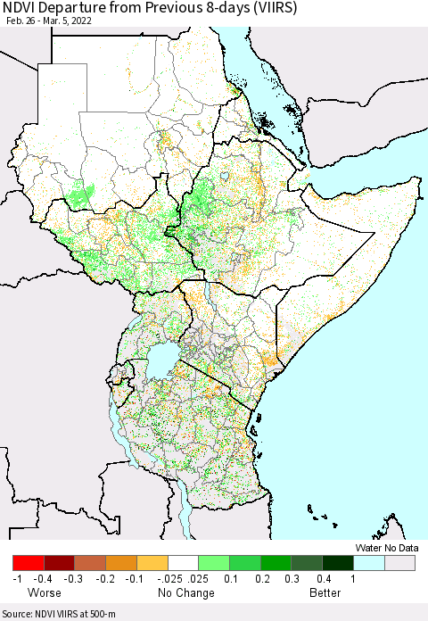 Eastern Africa NDVI Departure from Previous 8-days (VIIRS) Thematic Map For 2/26/2022 - 3/5/2022