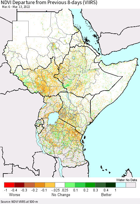 Eastern Africa NDVI Departure from Previous 8-days (VIIRS) Thematic Map For 3/6/2022 - 3/13/2022