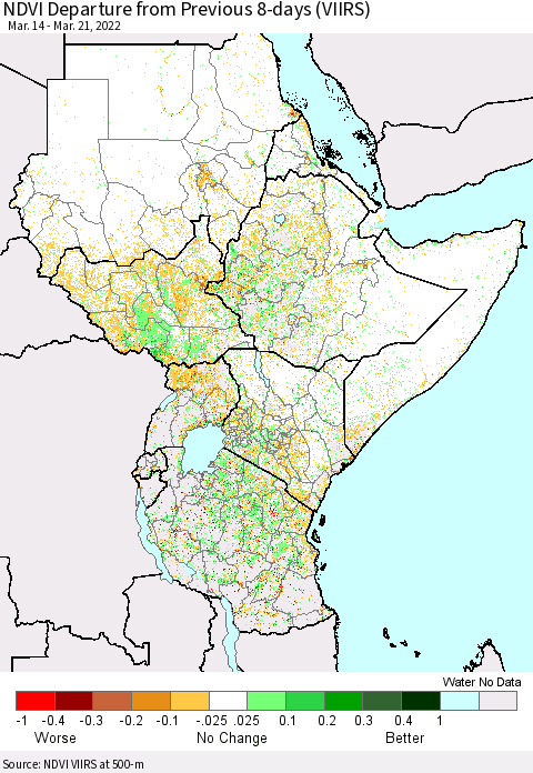 Eastern Africa NDVI Departure from Previous 8-days (VIIRS) Thematic Map For 3/14/2022 - 3/21/2022