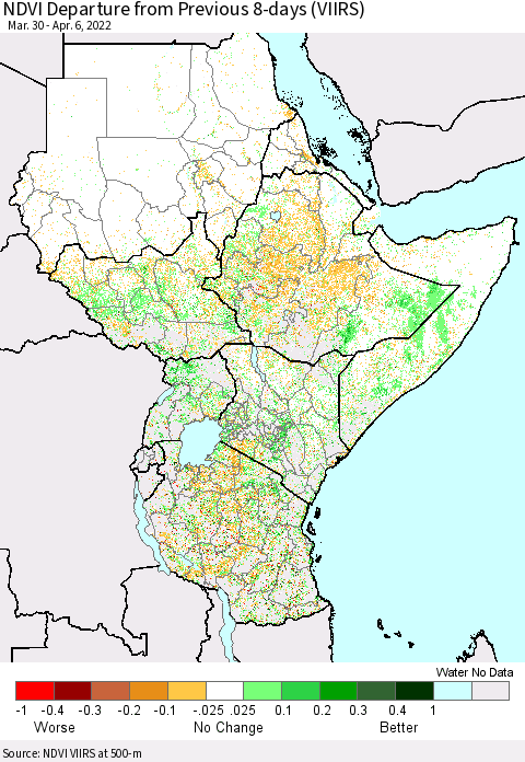 Eastern Africa NDVI Departure from Previous 8-days (VIIRS) Thematic Map For 3/30/2022 - 4/6/2022