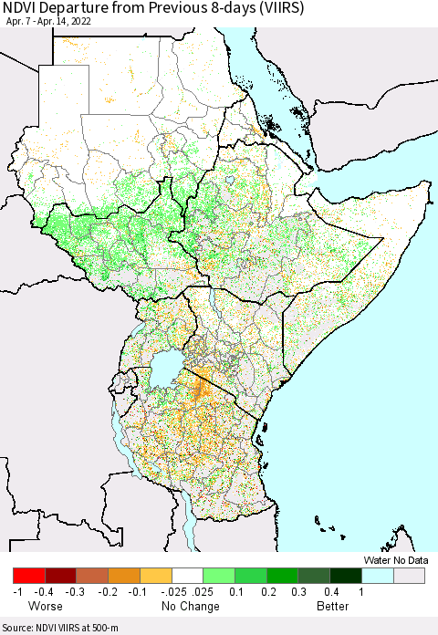 Eastern Africa NDVI Departure from Previous 8-days (VIIRS) Thematic Map For 4/7/2022 - 4/14/2022