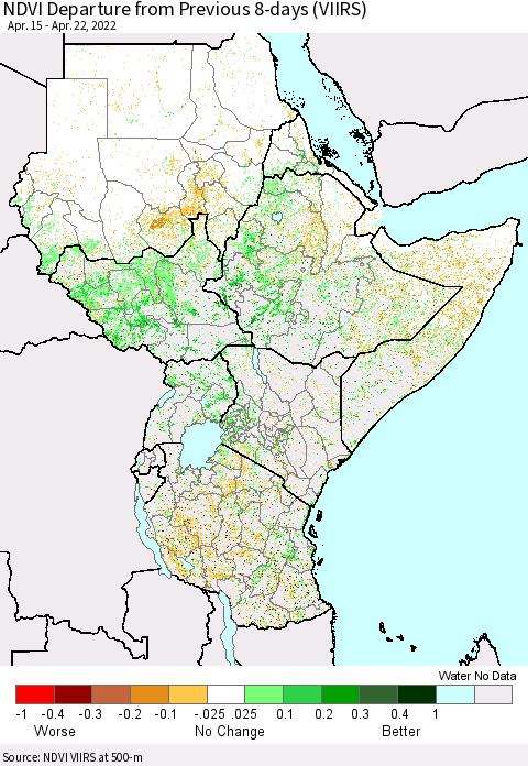Eastern Africa NDVI Departure from Previous 8-days (VIIRS) Thematic Map For 4/15/2022 - 4/22/2022