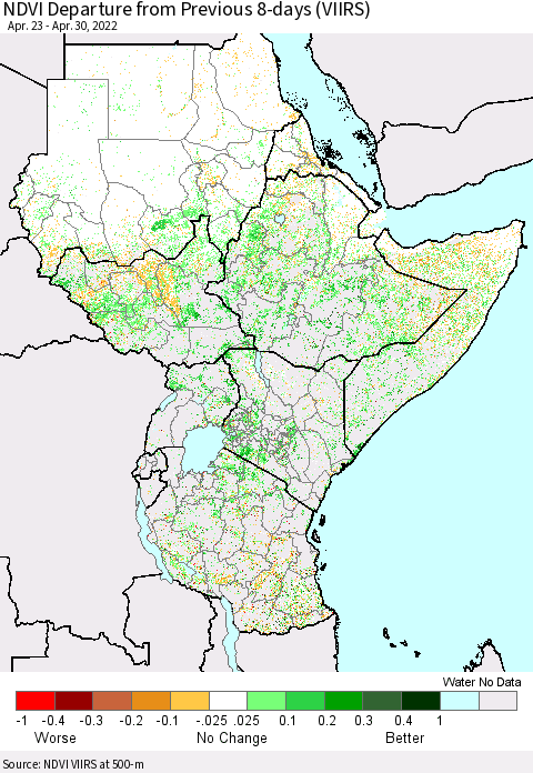 Eastern Africa NDVI Departure from Previous 8-days (VIIRS) Thematic Map For 4/23/2022 - 4/30/2022
