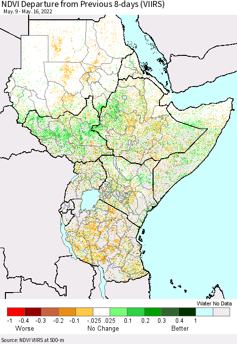 Eastern Africa NDVI Departure from Previous 8-days (VIIRS) Thematic Map For 5/9/2022 - 5/16/2022