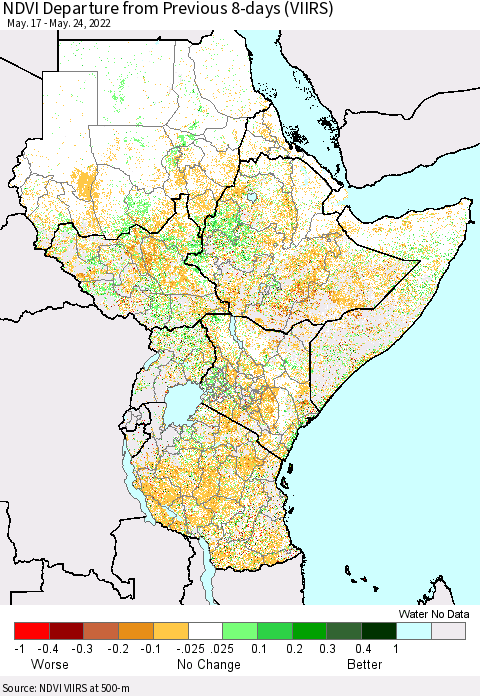 Eastern Africa NDVI Departure from Previous 8-days (VIIRS) Thematic Map For 5/17/2022 - 5/24/2022