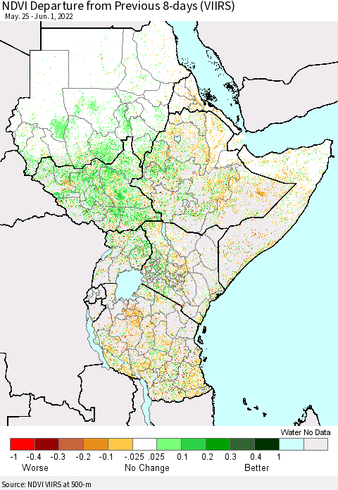 Eastern Africa NDVI Departure from Previous 8-days (VIIRS) Thematic Map For 5/25/2022 - 6/1/2022