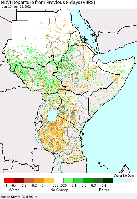 Eastern Africa NDVI Departure from Previous 8-days (VIIRS) Thematic Map For 6/10/2022 - 6/17/2022