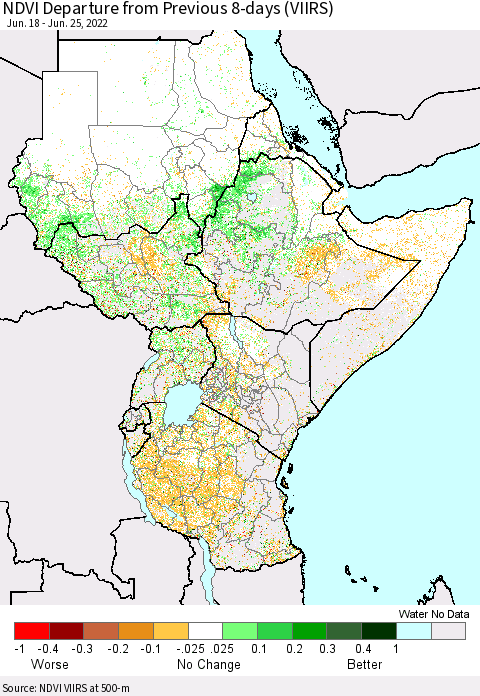 Eastern Africa NDVI Departure from Previous 8-days (VIIRS) Thematic Map For 6/18/2022 - 6/25/2022