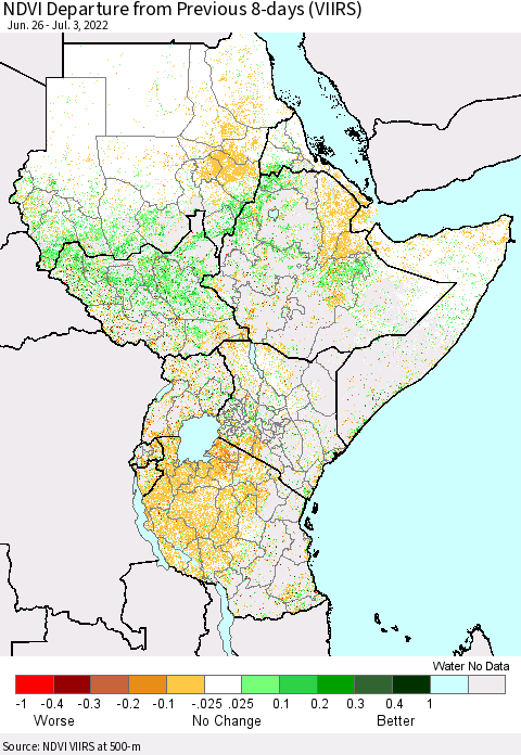 Eastern Africa NDVI Departure from Previous 8-days (VIIRS) Thematic Map For 6/26/2022 - 7/3/2022