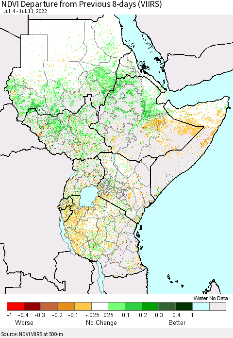 Eastern Africa NDVI Departure from Previous 8-days (VIIRS) Thematic Map For 7/4/2022 - 7/11/2022