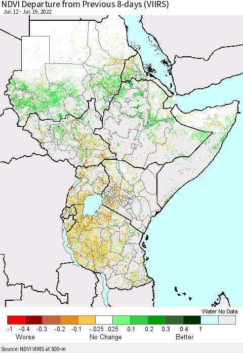 Eastern Africa NDVI Departure from Previous 8-days (VIIRS) Thematic Map For 7/12/2022 - 7/19/2022