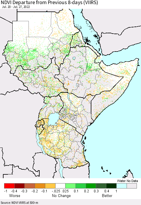 Eastern Africa NDVI Departure from Previous 8-days (VIIRS) Thematic Map For 7/20/2022 - 7/27/2022