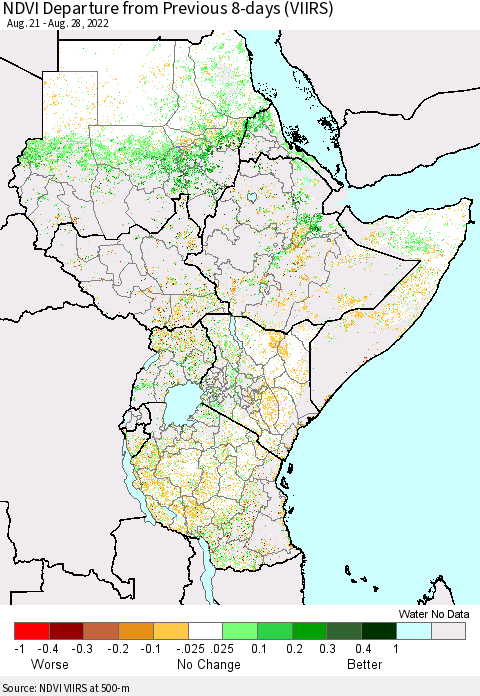 Eastern Africa NDVI Departure from Previous 8-days (VIIRS) Thematic Map For 8/21/2022 - 8/28/2022