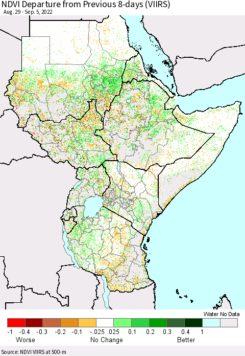 Eastern Africa NDVI Departure from Previous 8-days (VIIRS) Thematic Map For 8/29/2022 - 9/5/2022