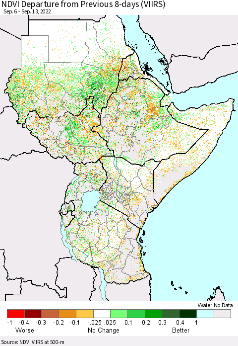 Eastern Africa NDVI Departure from Previous 8-days (VIIRS) Thematic Map For 9/6/2022 - 9/13/2022