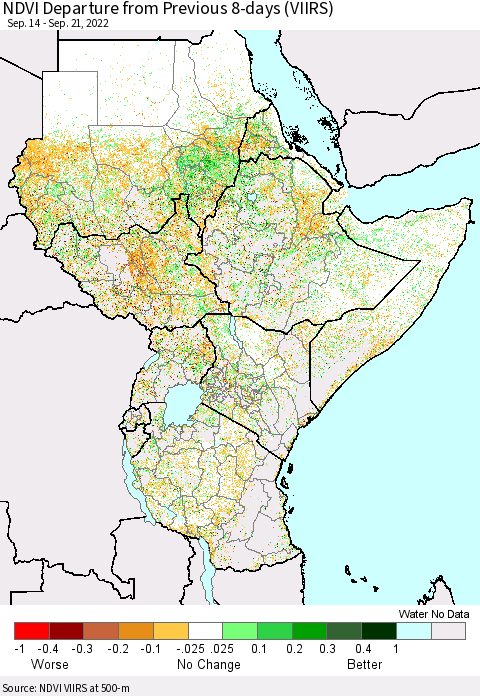 Eastern Africa NDVI Departure from Previous 8-days (VIIRS) Thematic Map For 9/14/2022 - 9/21/2022