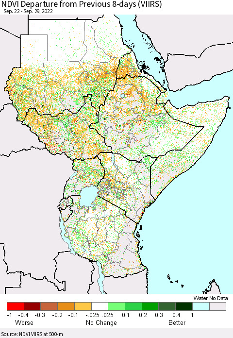 Eastern Africa NDVI Departure from Previous 8-days (VIIRS) Thematic Map For 9/22/2022 - 9/29/2022