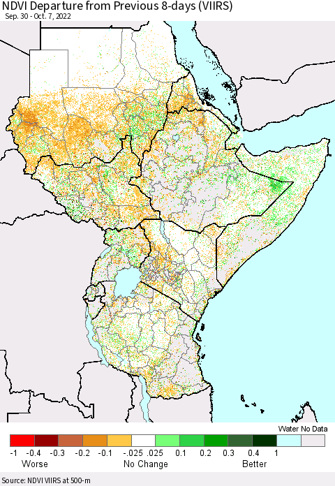 Eastern Africa NDVI Departure from Previous 8-days (VIIRS) Thematic Map For 9/30/2022 - 10/7/2022