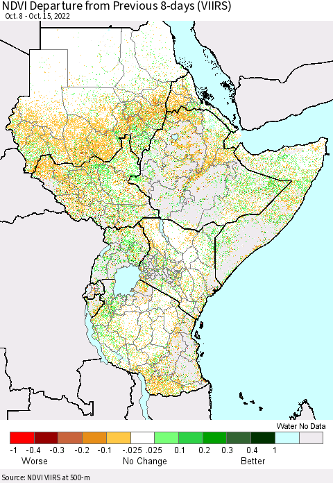 Eastern Africa NDVI Departure from Previous 8-days (VIIRS) Thematic Map For 10/8/2022 - 10/15/2022