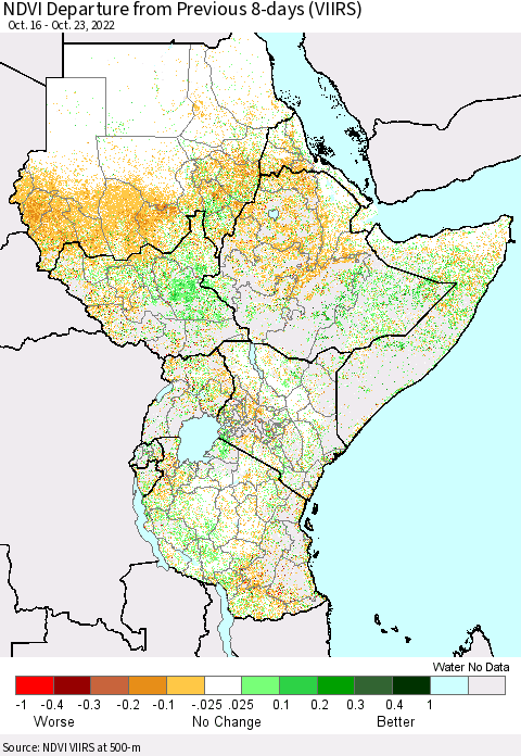 Eastern Africa NDVI Departure from Previous 8-days (VIIRS) Thematic Map For 10/16/2022 - 10/23/2022