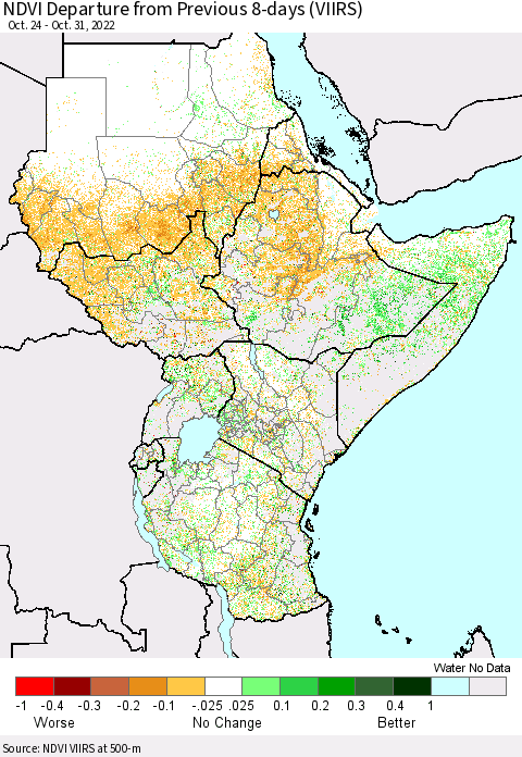 Eastern Africa NDVI Departure from Previous 8-days (VIIRS) Thematic Map For 10/24/2022 - 10/31/2022