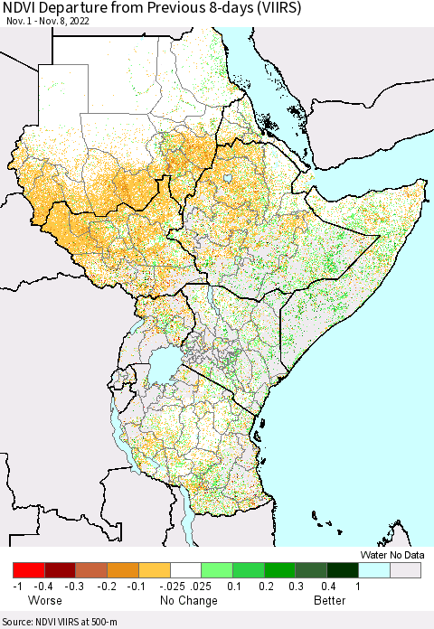 Eastern Africa NDVI Departure from Previous 8-days (VIIRS) Thematic Map For 11/1/2022 - 11/8/2022