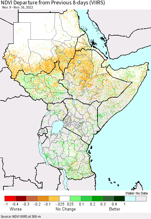 Eastern Africa NDVI Departure from Previous 8-days (VIIRS) Thematic Map For 11/9/2022 - 11/16/2022