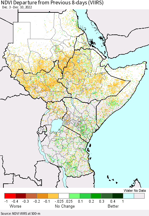Eastern Africa NDVI Departure from Previous 8-days (VIIRS) Thematic Map For 12/3/2022 - 12/10/2022