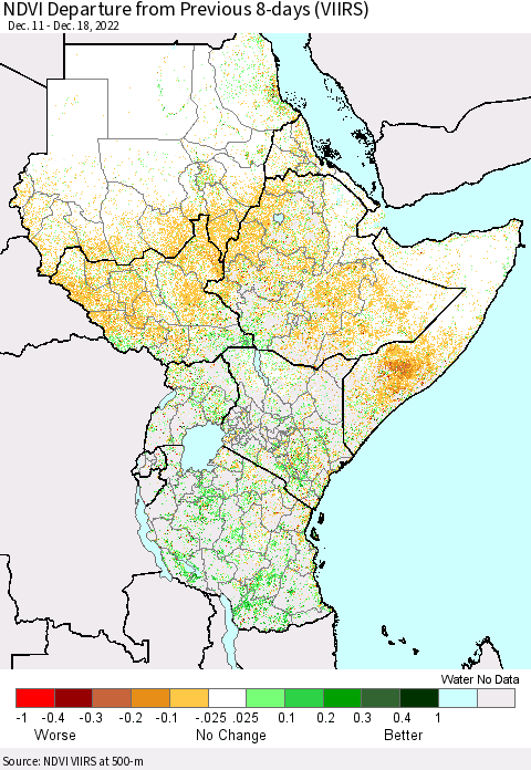 Eastern Africa NDVI Departure from Previous 8-days (VIIRS) Thematic Map For 12/11/2022 - 12/18/2022