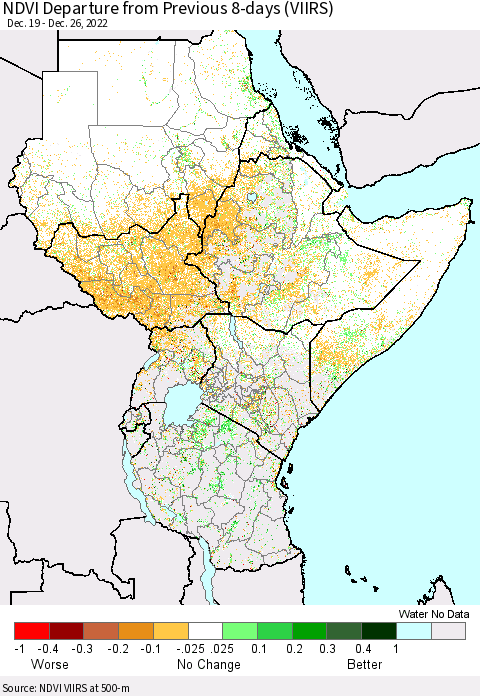 Eastern Africa NDVI Departure from Previous 8-days (VIIRS) Thematic Map For 12/26/2022 - 1/2/2023