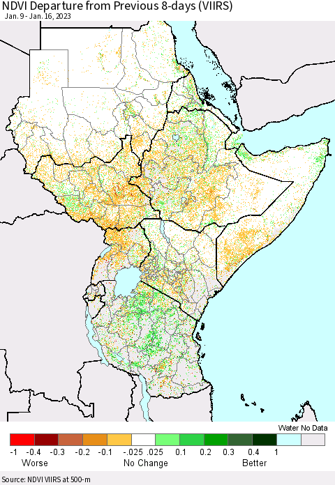 Eastern Africa NDVI Departure from Previous 8-days (VIIRS) Thematic Map For 1/9/2023 - 1/16/2023