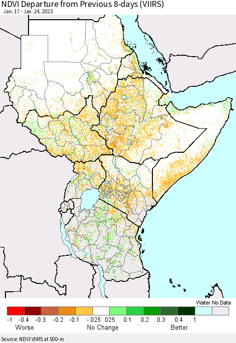 Eastern Africa NDVI Departure from Previous 8-days (VIIRS) Thematic Map For 1/17/2023 - 1/24/2023
