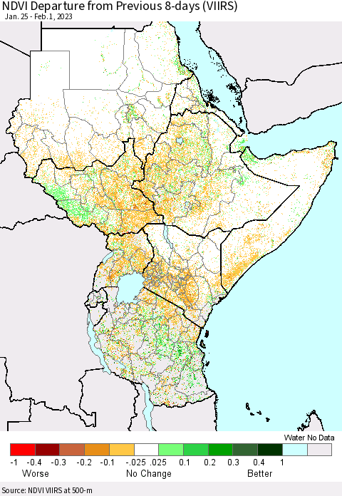 Eastern Africa NDVI Departure from Previous 8-days (VIIRS) Thematic Map For 1/25/2023 - 2/1/2023