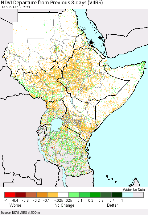 Eastern Africa NDVI Departure from Previous 8-days (VIIRS) Thematic Map For 2/2/2023 - 2/9/2023