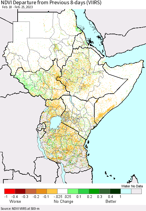 Eastern Africa NDVI Departure from Previous 8-days (VIIRS) Thematic Map For 2/18/2023 - 2/25/2023