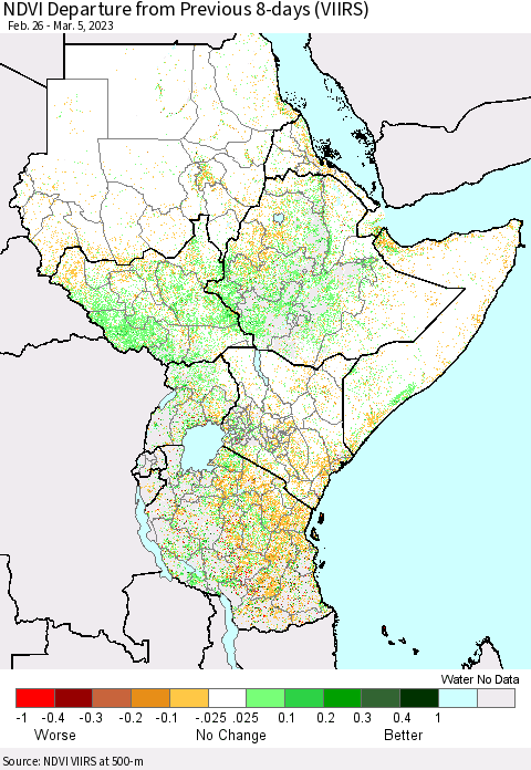 Eastern Africa NDVI Departure from Previous 8-days (VIIRS) Thematic Map For 2/26/2023 - 3/5/2023