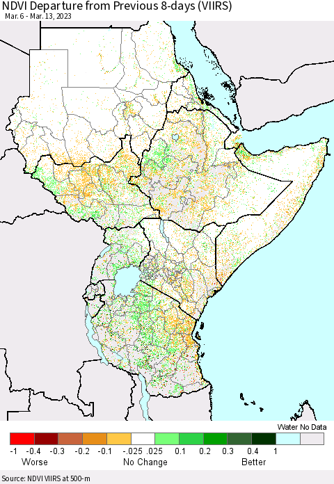 Eastern Africa NDVI Departure from Previous 8-days (VIIRS) Thematic Map For 3/6/2023 - 3/13/2023