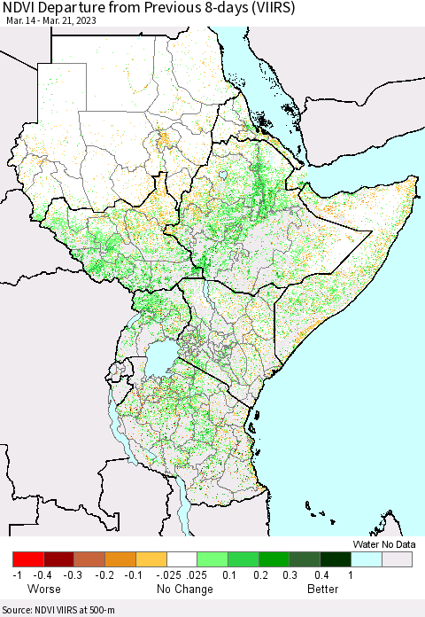 Eastern Africa NDVI Departure from Previous 8-days (VIIRS) Thematic Map For 3/14/2023 - 3/21/2023