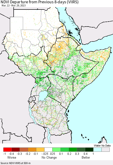 Eastern Africa NDVI Departure from Previous 8-days (VIIRS) Thematic Map For 3/22/2023 - 3/29/2023