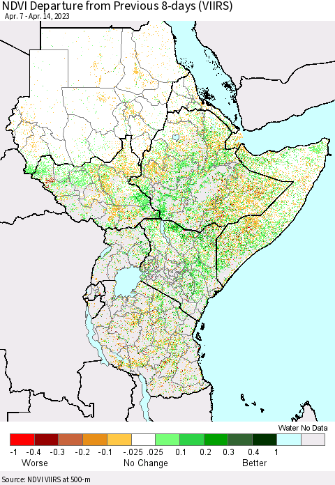 Eastern Africa NDVI Departure from Previous 8-days (VIIRS) Thematic Map For 4/7/2023 - 4/14/2023