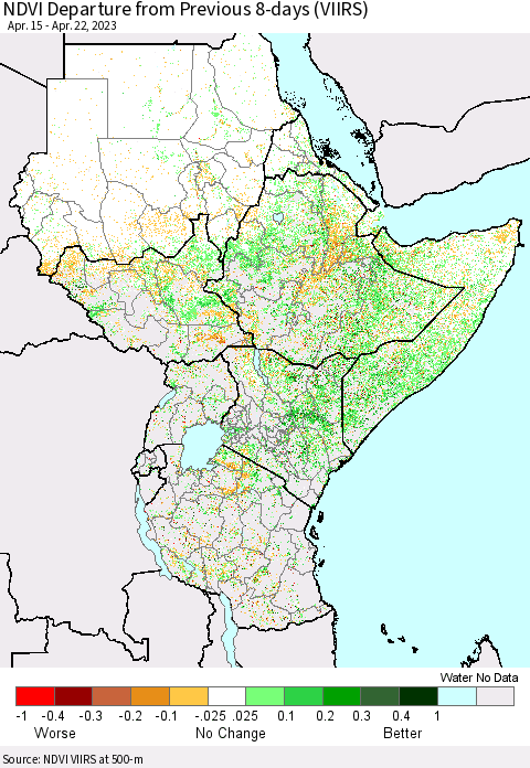 Eastern Africa NDVI Departure from Previous 8-days (VIIRS) Thematic Map For 4/15/2023 - 4/22/2023