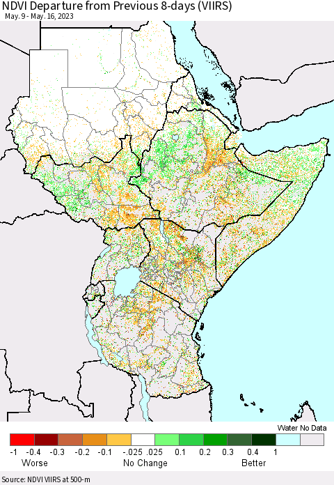 Eastern Africa NDVI Departure from Previous 8-days (VIIRS) Thematic Map For 5/9/2023 - 5/16/2023