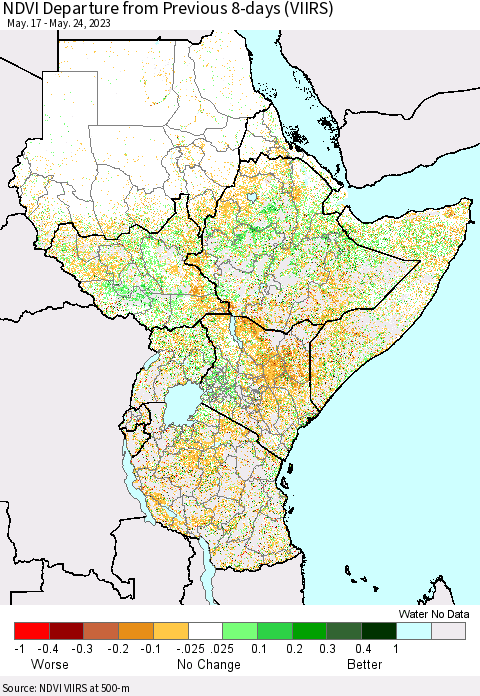 Eastern Africa NDVI Departure from Previous 8-days (VIIRS) Thematic Map For 5/17/2023 - 5/24/2023