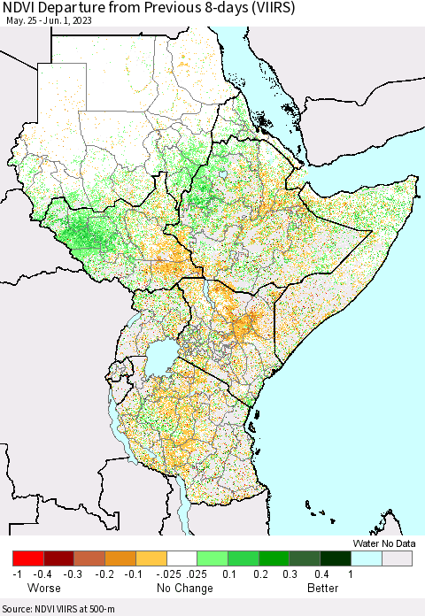 Eastern Africa NDVI Departure from Previous 8-days (VIIRS) Thematic Map For 5/25/2023 - 6/1/2023