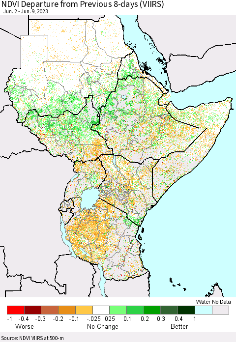 Eastern Africa NDVI Departure from Previous 8-days (VIIRS) Thematic Map For 6/2/2023 - 6/9/2023