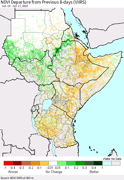Eastern Africa NDVI Departure from Previous 8-days (VIIRS) Thematic Map For 6/10/2023 - 6/17/2023