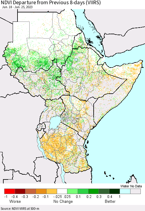 Eastern Africa NDVI Departure from Previous 8-days (VIIRS) Thematic Map For 6/18/2023 - 6/25/2023