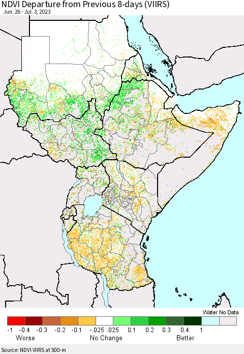 Eastern Africa NDVI Departure from Previous 8-days (VIIRS) Thematic Map For 6/26/2023 - 7/3/2023